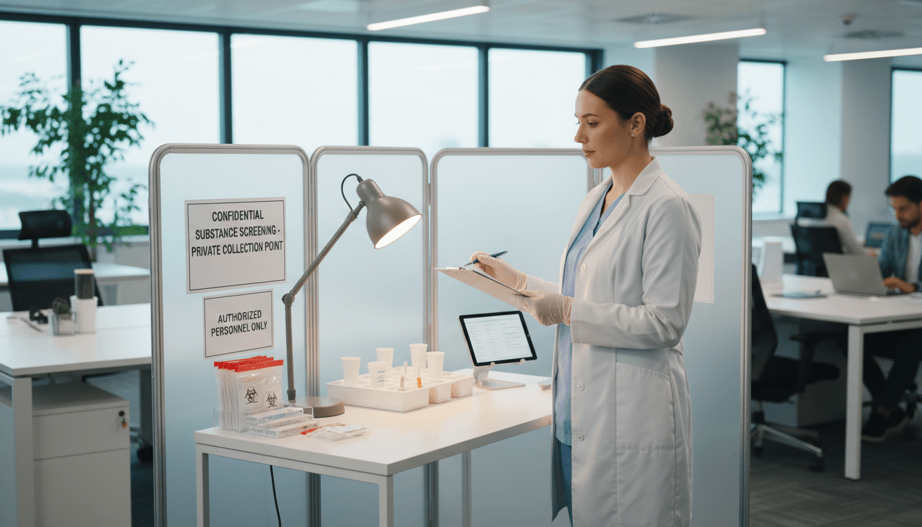 Certified testing professional conducting on-site substance screening collection at portable station in corporate office workplace Certified testing professional conducting on-site substance screening collection at portable station in corporate office workplace